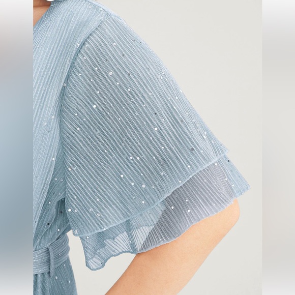 Sold*Sparkle Light Blue Mesh Pocket Ruffle Tiered Belted Midi Dress Size 22-24 - Picture 6 of 9